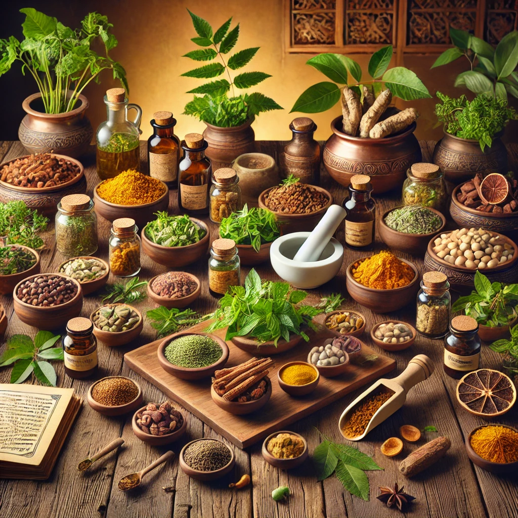 DALL·E 2025-03-13 00.45.39 - A visually rich display of herbal food supplements and Ayurvedic ingredients arranged on a wooden table. The scene includes fresh herbs like tulsi (ho